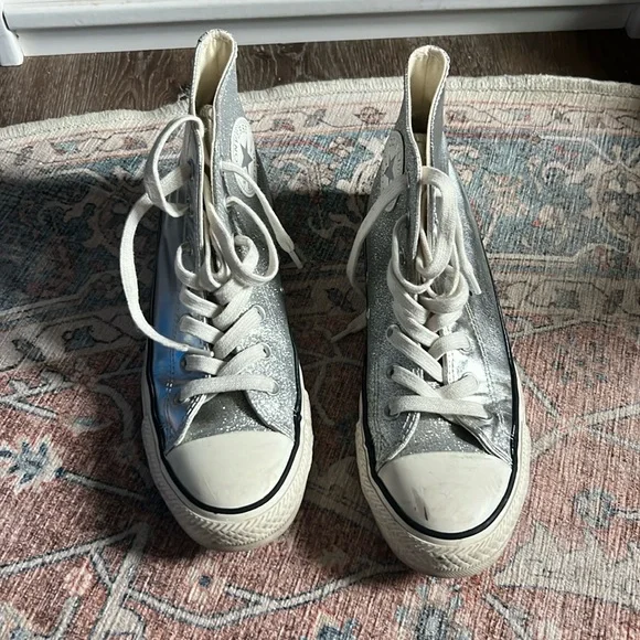 RARE Chuck Taylor All Star Silver Metallic & Glitter Leather Size 8 - Picture 2 of 6